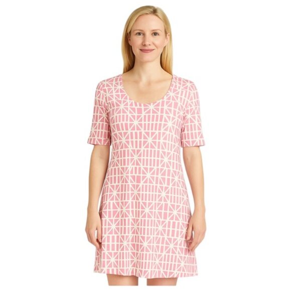 Mahi Gold Large Pink White Geometric Short Sleeve Scoop Neck Dress - Picture 1 of 5